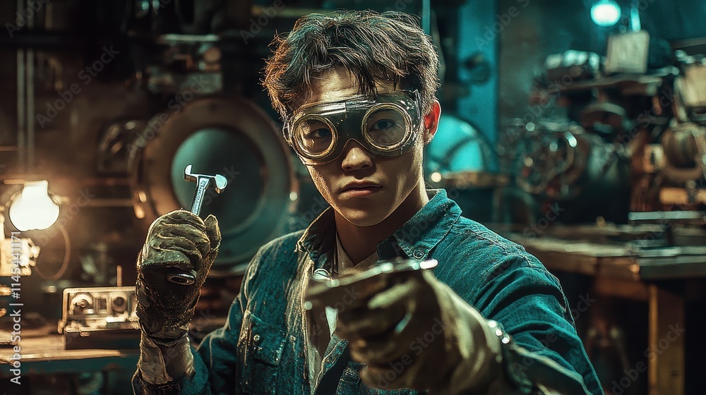 A factory worker wearing protective gear and holding a wrench, surrounded by outdated machinery and dim lighting. Their face is a mix of exhaustion and determination, reflecting the challenges A factory worker wearing protective gear and holding a wrench, surrounded by outdated machinery and dim lighting. Their face is a mix of exhaustion and determination, reflecting the challenges