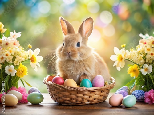 Easter Bunny in Basket with Bokeh Eggs & Flowers - Greeting Card Design