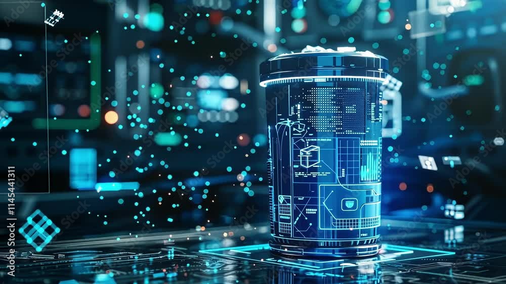 Futuristic smart coffee cup with holographic projections and data analysis in a high tech setting, showcasing advancements in beverage tech and personalized experiences