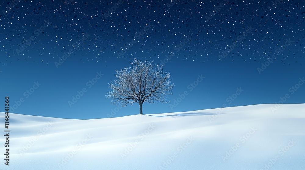 Lone tree on snowy hill under starry night.