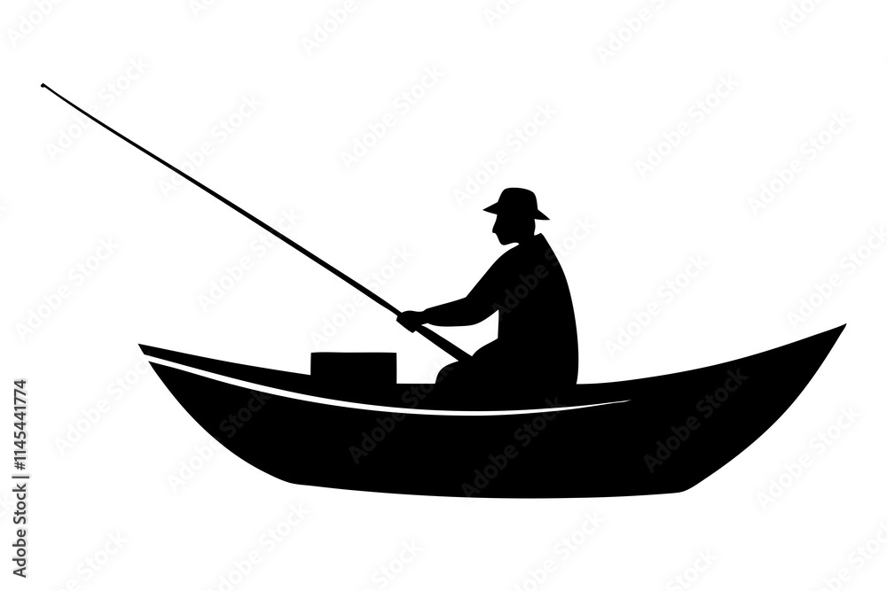 Silhouette of a fisherman on a boat, flat vector art on white background 03 Silhouette of a fisherman on a boat, flat vector art on white background 03