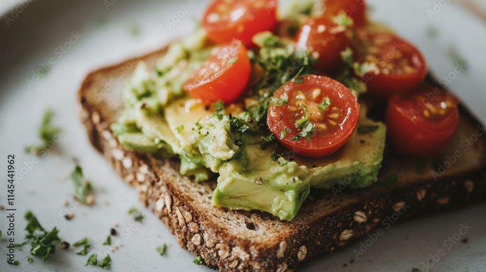 Avocado Toast with Cherry Tomatoes: A close-up shot of a simple yet delicious avocado toast topped with cherry tomatoes, a sprinkle of fresh herbs, and a touch of black pepper. Avocado Toast with Cherry Tomatoes: A close-up shot of a simple yet delicious avocado toast topped with cherry tomatoes, a sprinkle of fresh herbs, and a touch of black pepper.