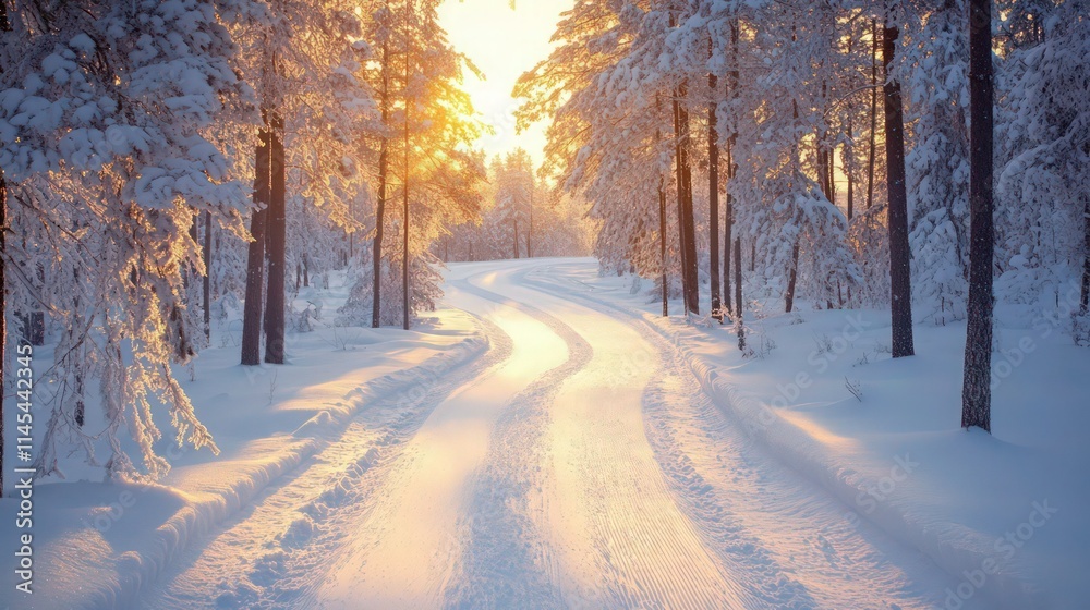 Sunny morning in a winter snowy forest. Frosty morning. Frost falls from the trees. The ski track is covered with snow.