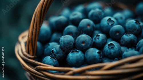 Wallpaper Mural Basket of Blueberries: Close-up of a rustic brown wicker basket overflowing with plump, dark blueberries. The image evokes a sense of freshness, abundance, and natural goodness. Torontodigital.ca