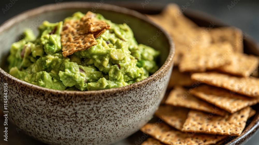 Guacamole Dip and Crackers: A bowl of creamy guacamole dip with crackers, a delicious and healthy snack or appetizer. Guacamole Dip and Crackers: A bowl of creamy guacamole dip with crackers, a delicious and healthy snack or appetizer.