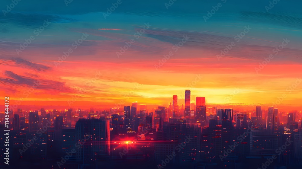 Modern urban skyline glowing at AI generated illustration Modern urban skyline glowing at AI generated illustration