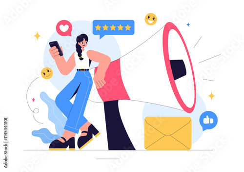 Positive Public Relations Vector Illustration featuring Successful Brand Advertising, Reputation Management, and Feedback in Digital Marketing