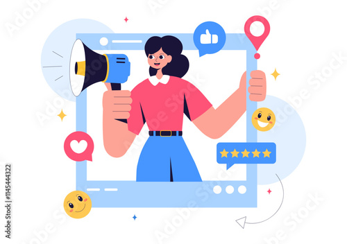 Positive Public Relations Vector Illustration featuring Successful Brand Advertising, Reputation Management, and Feedback in Digital Marketing