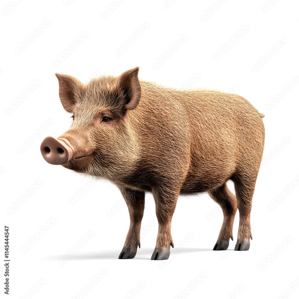 A realistic illustration of a standing pig, showcasing its textured fur and distinct features in a neutral background. A realistic illustration of a standing pig, showcasing its textured fur and distinct features in a neutral background.