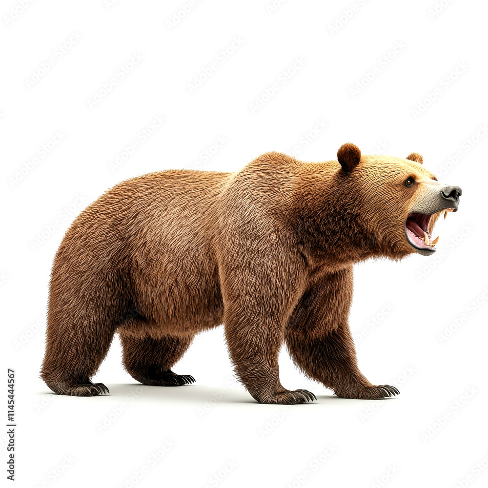 Fototapeta premium A roaring brown bear stands fiercely, showcasing its powerful form and thick fur, embodying strength and wildness in nature.