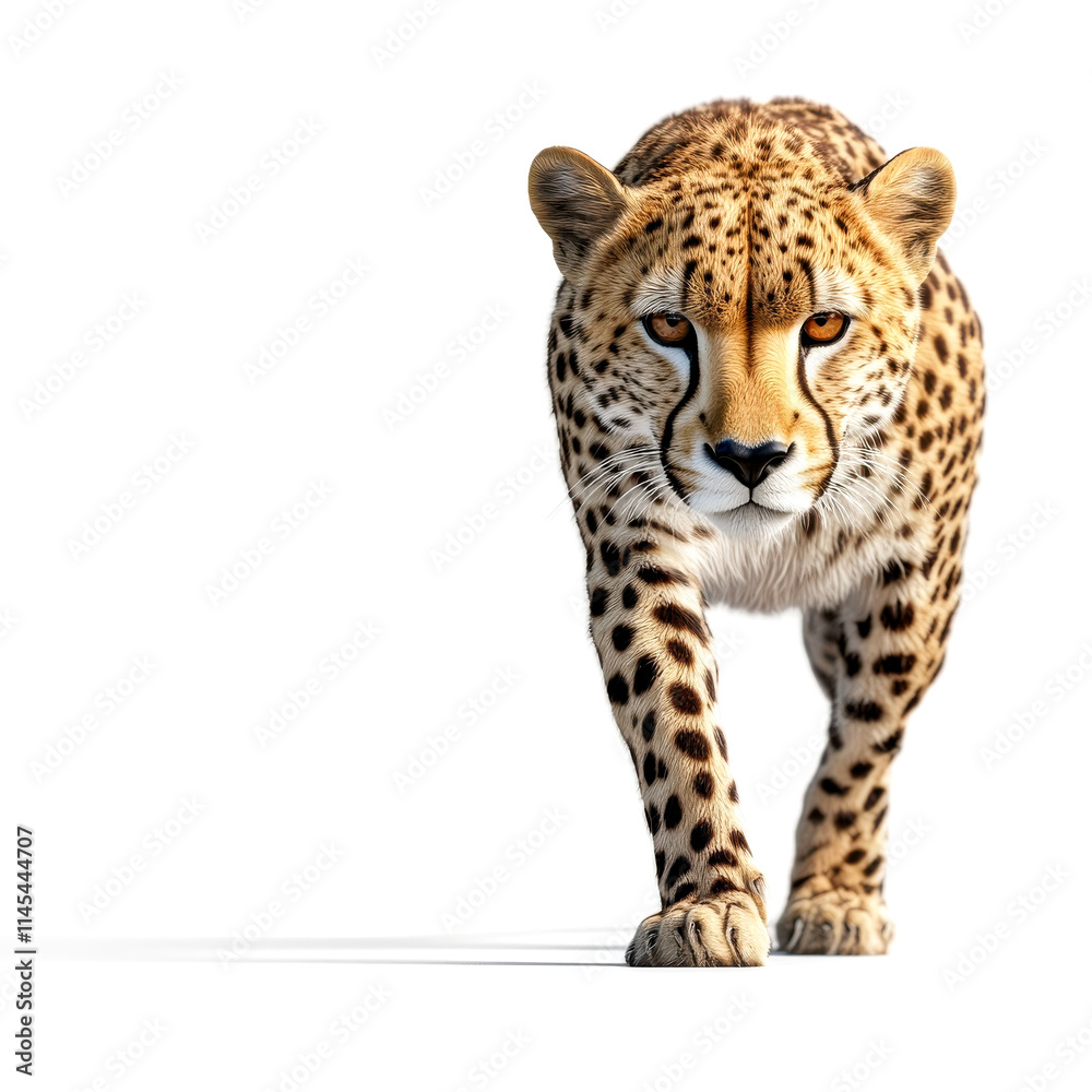 A striking image of a cheetah walking towards the viewer, showcasing its distinctive spotted coat and intense gaze against a white background. A striking image of a cheetah walking towards the viewer, showcasing its distinctive spotted coat and intense gaze against a white background.
