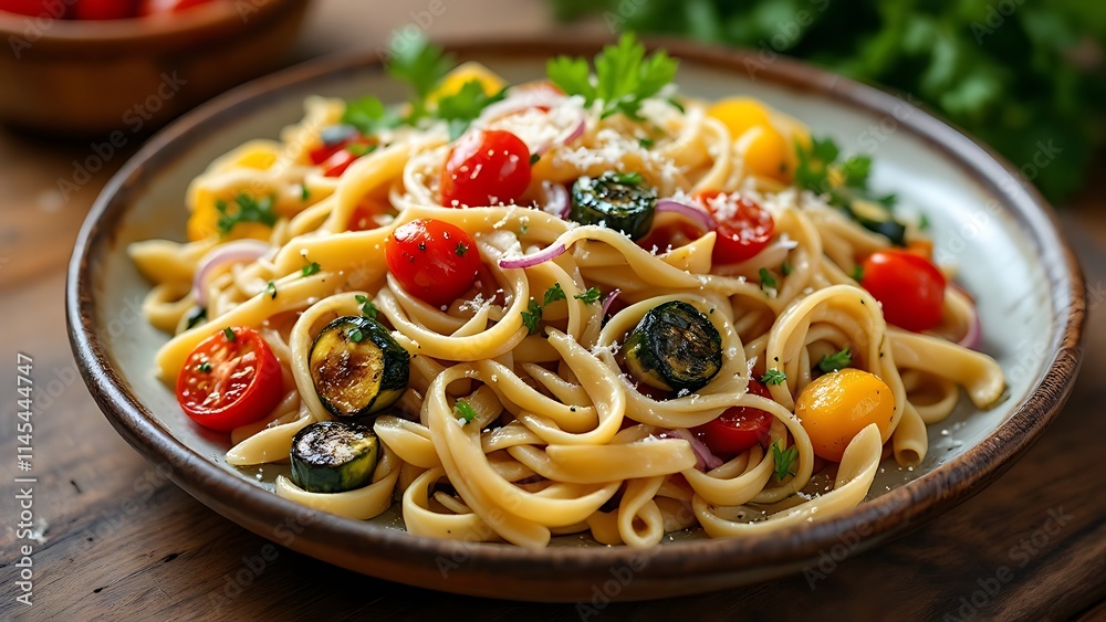 Whole grain pasta with roasted vegetables and a light sauce, a healthy, nutritious dish perfect for a balanced meal. Ideal for food photography and recipe visuals. Whole grain pasta with roasted vegetables and a light sauce, a healthy, nutritious dish perfect for a balanced meal. Ideal for food photography and recipe visuals.