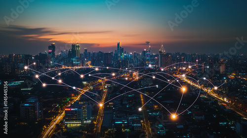 Smart digital Innovation city with connection network reciprocity over the cityscape. of future smart wireless city and social media networking systems that connects business people with in city