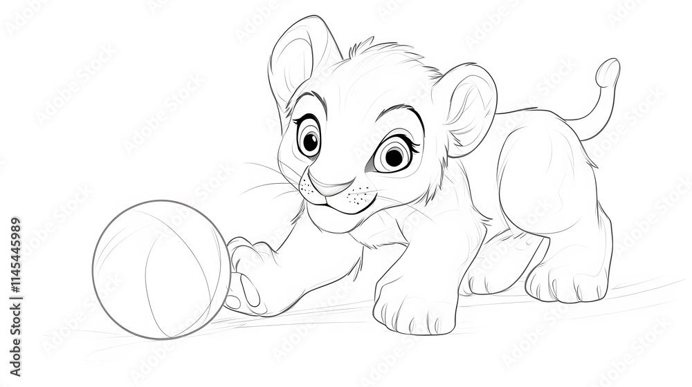 Obraz premium A cute lion cub playing with a ball, outlined in clean lines