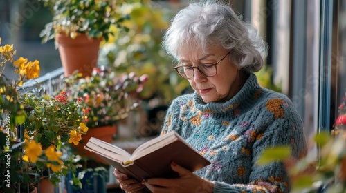 Serene Senior Reading: An elderly woman with silver hair, wearing glasses and a teal sweater, enjoys a quiet moment reading a book amidst a vibrant balcony garden.