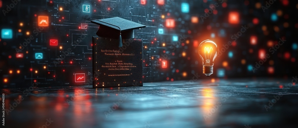 Graduation cap with light bulb, symbolizing ideas. Graduation cap with light bulb, symbolizing ideas.