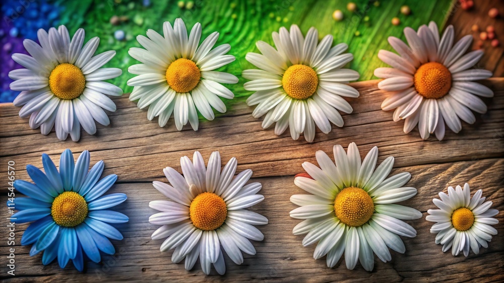 Obraz premium Cute white daisy chamomile flower icons on a green background, flat design