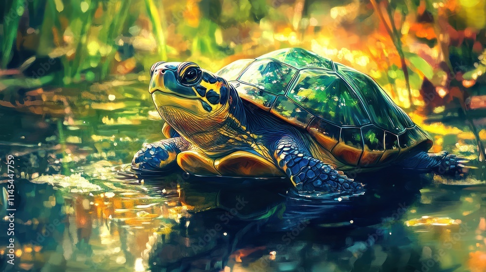 Obraz premium Colorful turtle in pond, sunlit water.
