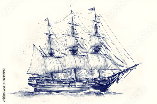 Detailed sketch of a vintage sailing ship with billowing sails and intricate rigging, set on ocean waves, perfect for nautical art, maritime themes, and historical illustrations photo