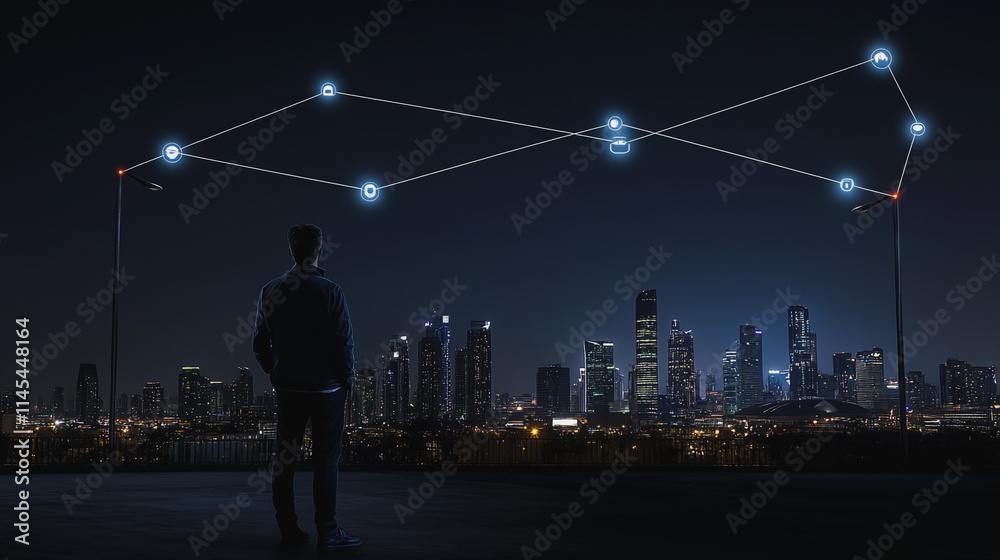 Smart digital Innovation city with connection network reciprocity over the cityscape. of future smart wireless city and social media networking systems that connects business people with in city Smart digital Innovation city with connection network reciprocity over the cityscape. of future smart wireless city and social media networking systems that connects business people with in city
