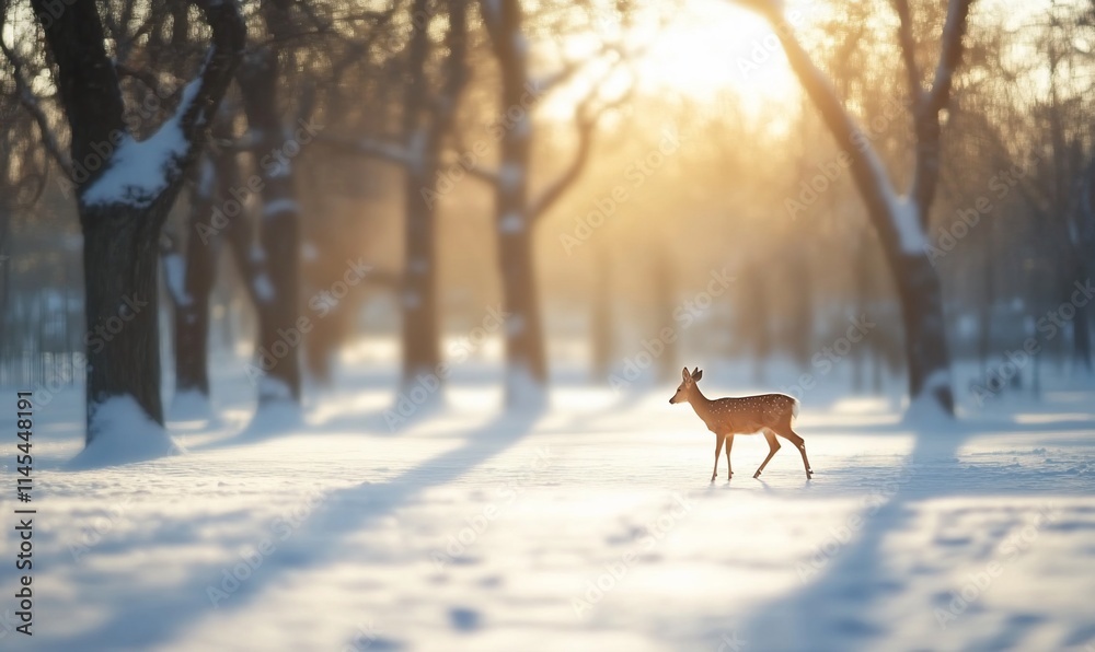 A deer walks through a snowy landscape at sunset, creating a serene scene. A deer walks through a snowy landscape at sunset, creating a serene scene.