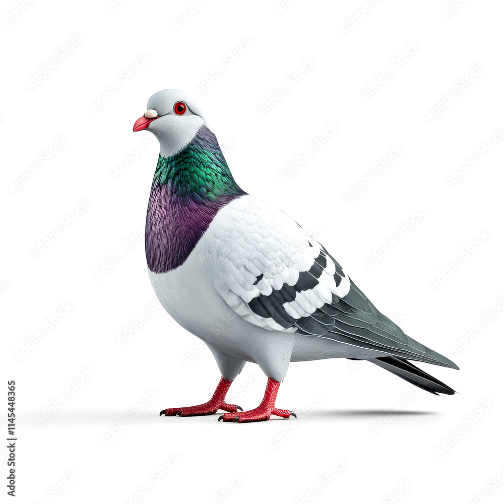 A colorful pigeon stands upright, showcasing its unique plumage of purple, green, and white, with distinct red feet and eyes. A colorful pigeon stands upright, showcasing its unique plumage of purple, green, and white, with distinct red feet and eyes.