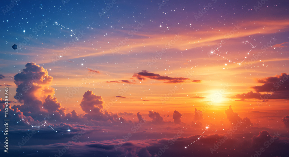Fototapeta premium Majestic Sunset Sky with Constellations and Cloudscape