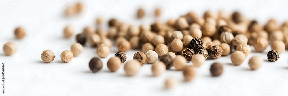 Intricate detail of tiny white peppercorns in macro photography