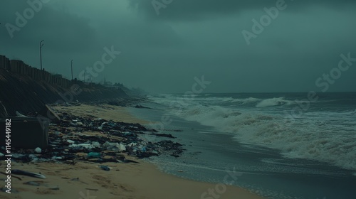 A polluted beach with dead fish washed ashore, plastic waste scattered along the sand, and dark waves crashing against the shore under a gray sky. 