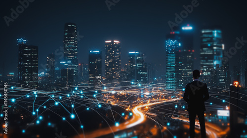 Smart digital Innovation city with connection network reciprocity over the cityscape. of future smart wireless city and social media networking systems that connects business people with in city