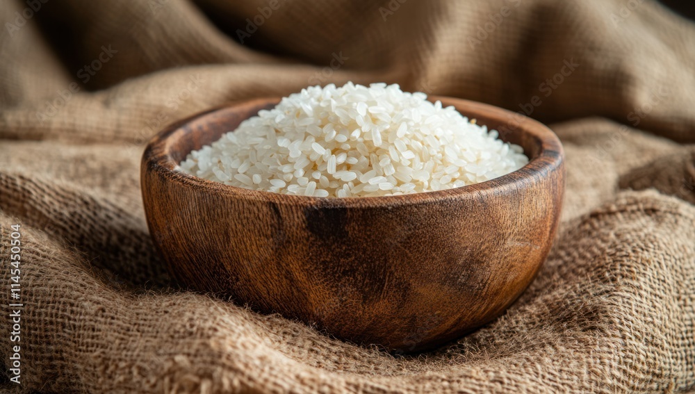White Rice in Wooden Bowl on Burlap Fabric White Rice in Wooden Bowl on Burlap Fabric