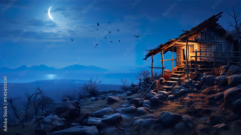 Φωτογραφία twilight, old hut with chicken legs, rural area  HD 8K wallpaper Stock Photograp