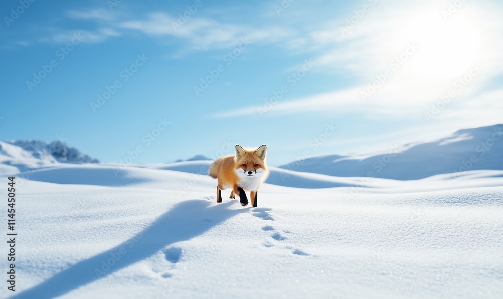 A fox walking through a snowy landscape under a bright sky. A fox walking through a snowy landscape under a bright sky.
