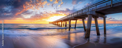 Okaloosa Fishing Pier Fort Walton Beach Florida. Panorama of Okaloosa fishing pier and scenic seascape in Fort Walton Beach, Florida at sunset.  photo