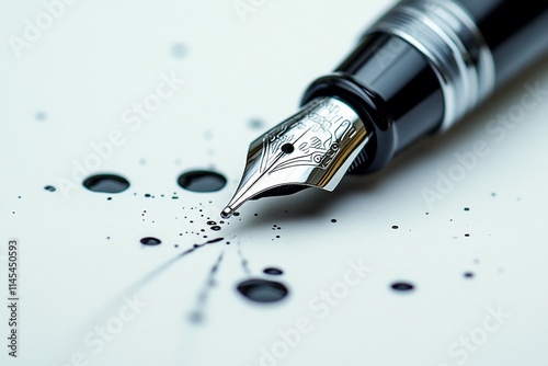 Close-up of fountain pen nib on paper with ink splatters.