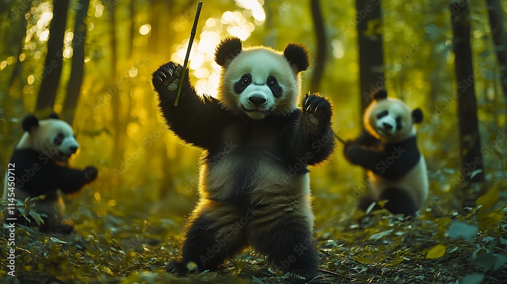 Three Pandas Playing in a Sunlit Forest Three Pandas Playing in a Sunlit Forest