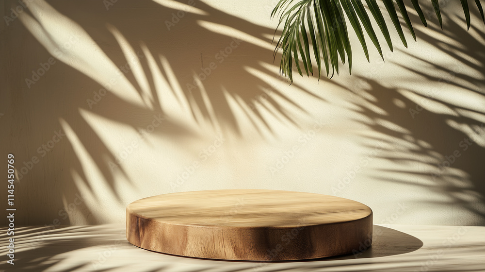 Natural wooden podium in sunlight with tropical tree shadow ideal for elegant product display and photography Natural wooden podium in sunlight with tropical tree shadow ideal for elegant product display and photography