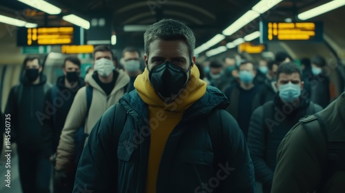A public transport station overcrowded with commuters wearing masks, highlighting the lingering effects of a global pandemic. The scene captures a mix of caution and resilience. 