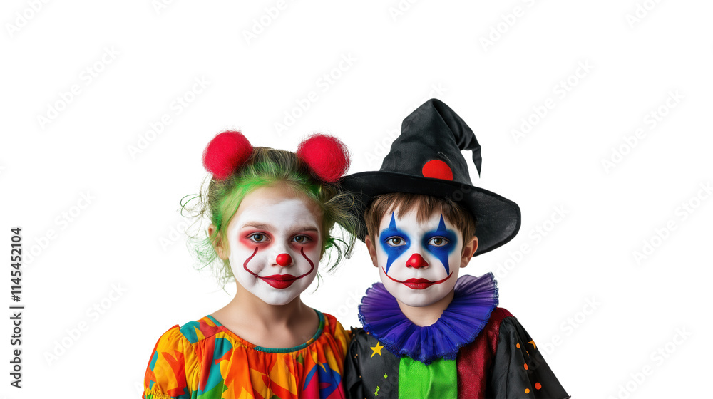 Joyful Clown Children Celebrating with Colorful Costumes and Face Joyful Clown Children Celebrating with Colorful Costumes and Face