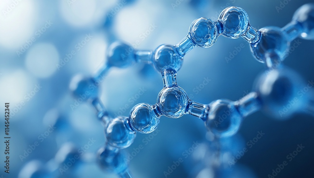 Abstract 3D rendering of a molecule structure with blue transparent spheres and bonds against a blurred blue background. Abstract 3D rendering of a molecule structure with blue transparent spheres and bonds against a blurred blue background.