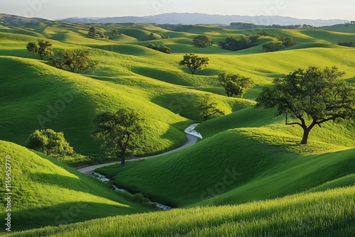 Serene Rolling Hills Landscape: Lush Green Meadows, Winding Road, and Tranquil Creek in Picturesque Valley. photo