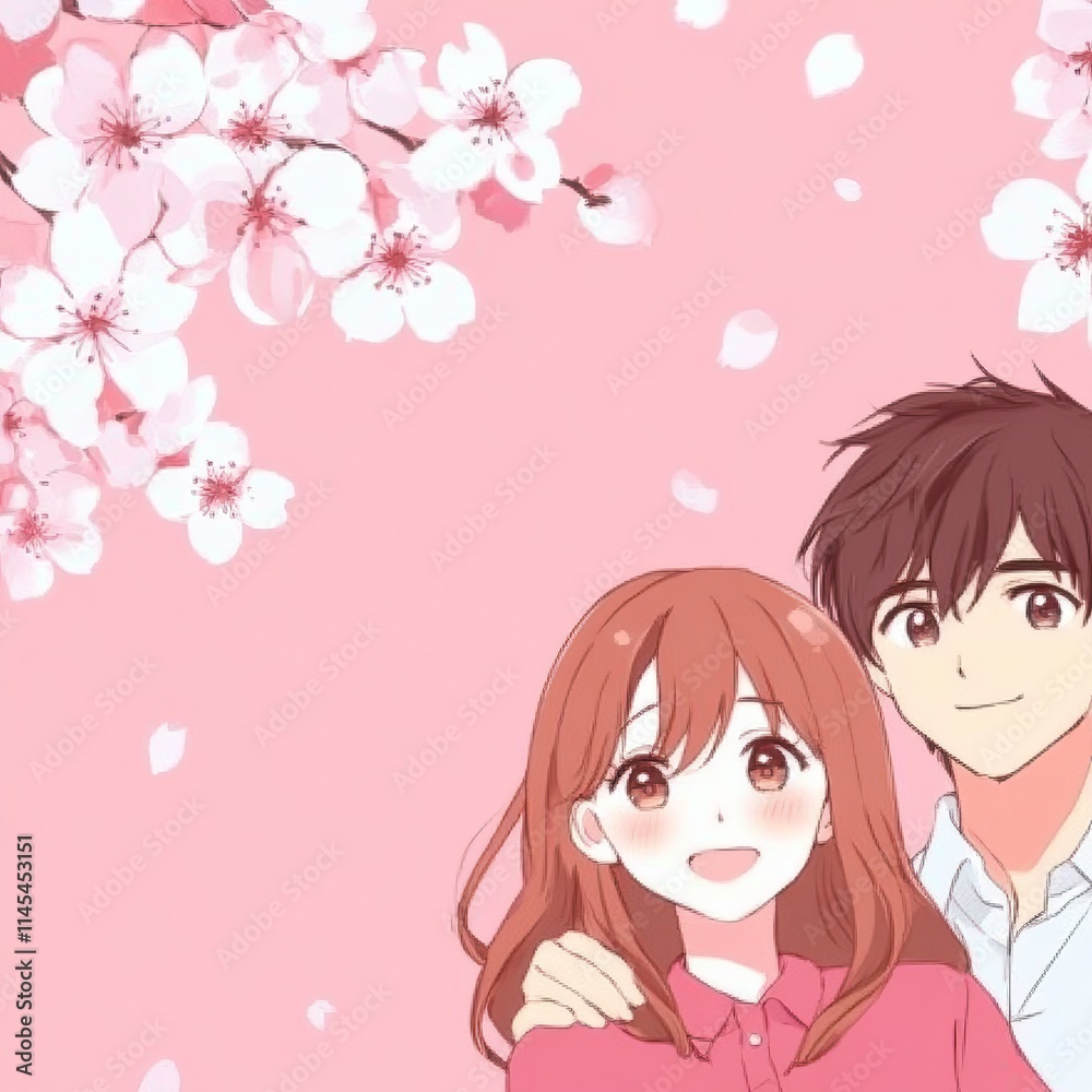 Anime Couple Cherry Blossom Spring Romance Illustration