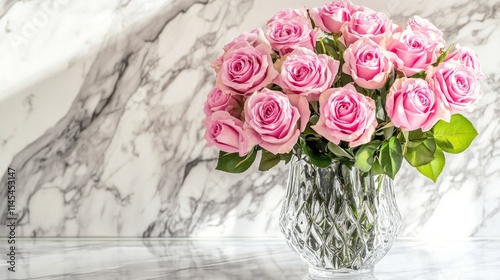 A bouquet of pink roses in a crystal vase on an elegant marble table, top-down shot, Luxurious ambiance style