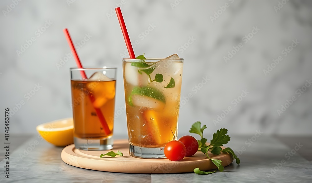 Two Refreshing Drinks with Red Straws on Marble Table Wide Shot Photo. AI Generated Two Refreshing Drinks with Red Straws on Marble Table Wide Shot Photo. AI Generated