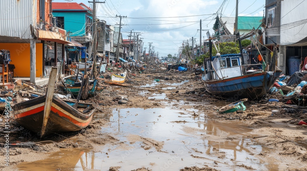 A small fishing village devastated by a typhoon, with boats overturned on the shore, debris scattered across the ground, and residents salvaging what they can. The scene captures both despair A small fishing village devastated by a typhoon, with boats overturned on the shore, debris scattered across the ground, and residents salvaging what they can. The scene captures both despair