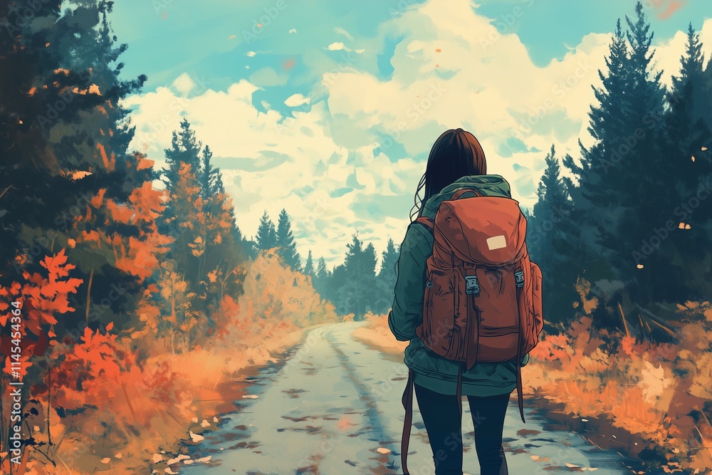 Adventure Design: Young Woman with Rucksack, Road Illustration, and Camping-Themed Branding Created with Generative AI Adventure Design: Young Woman with Rucksack, Road Illustration, and Camping-Themed Branding Created with Generative AI