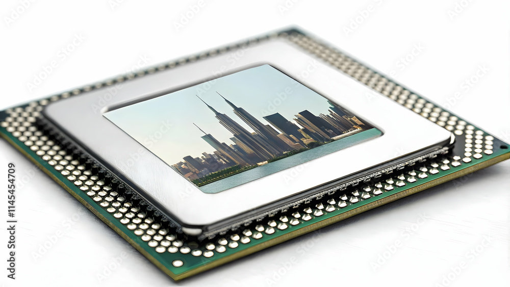 Macro Shot Microchip Reflecting City Skyline Symbolizing Urban Innovation Macro Shot Microchip Reflecting City Skyline Symbolizing Urban Innovation
