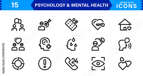Mental Health & Psychology Icon Set, Professional Illustrations for Therapy, Wellness, and Emotional Awareness Projects.