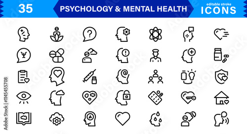 Mental Health & Psychology Icon Set, Professional Illustrations for Therapy, Wellness, and Emotional Awareness Projects.