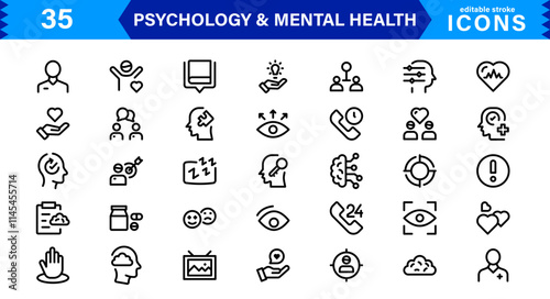 Mental Health & Psychology Icon Set, Professional Illustrations for Therapy, Wellness, and Emotional Awareness Projects.